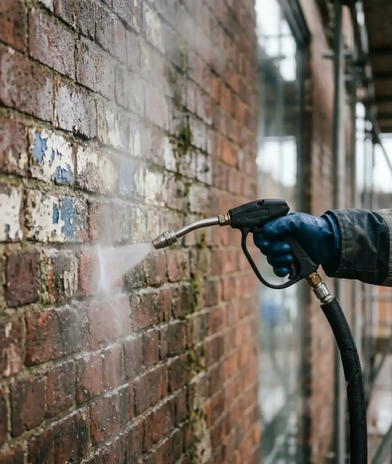 Niederdruck-Reinigung an einer Backsteinfassade, schonende Detailansicht im Tageslicht.