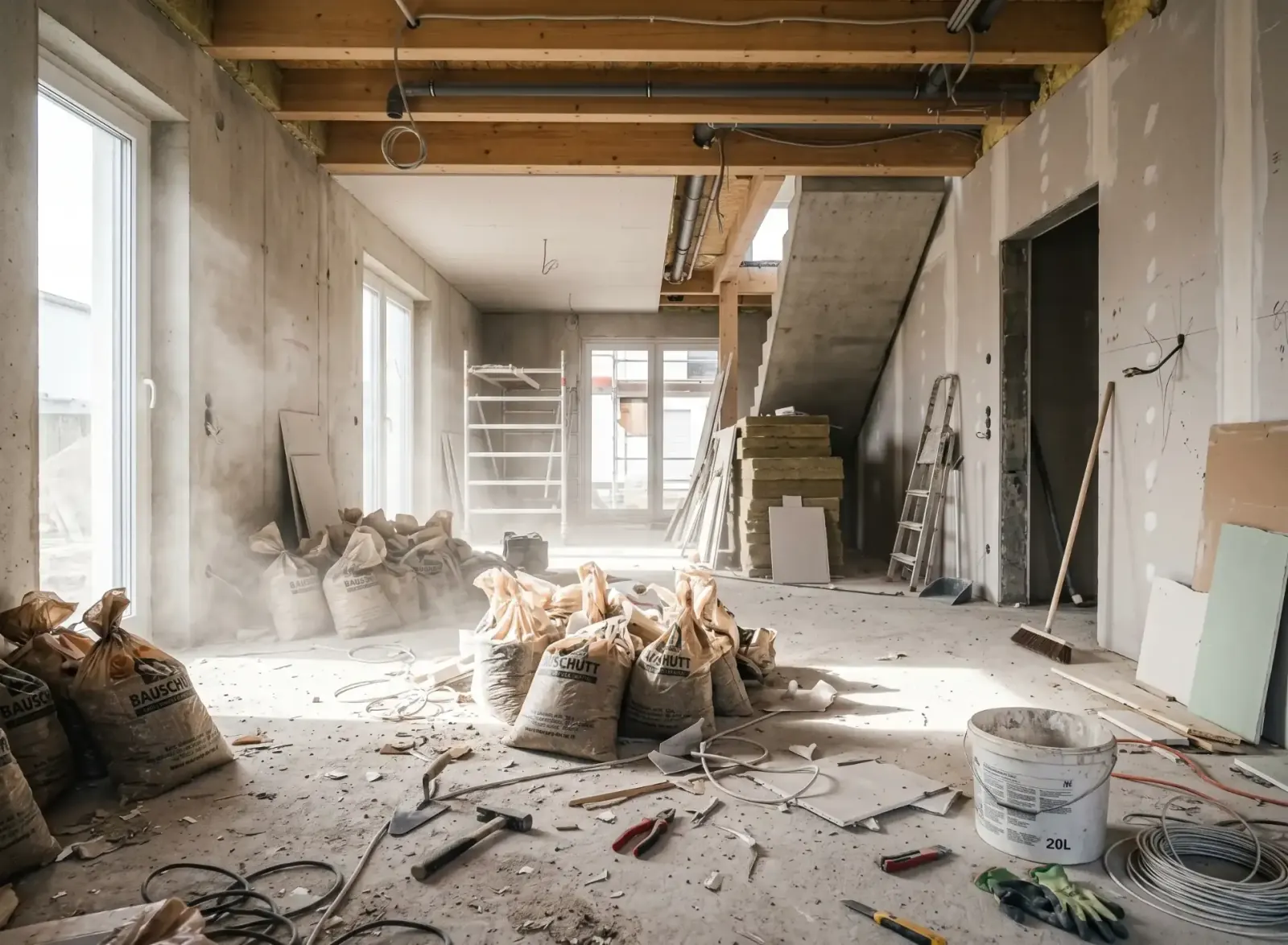 Heller Rohbau-Innenraum mit aufgewirbeltem Baustaub, Bauschutt-Säcken und Werkzeugresten, vor der Grobreinigung.