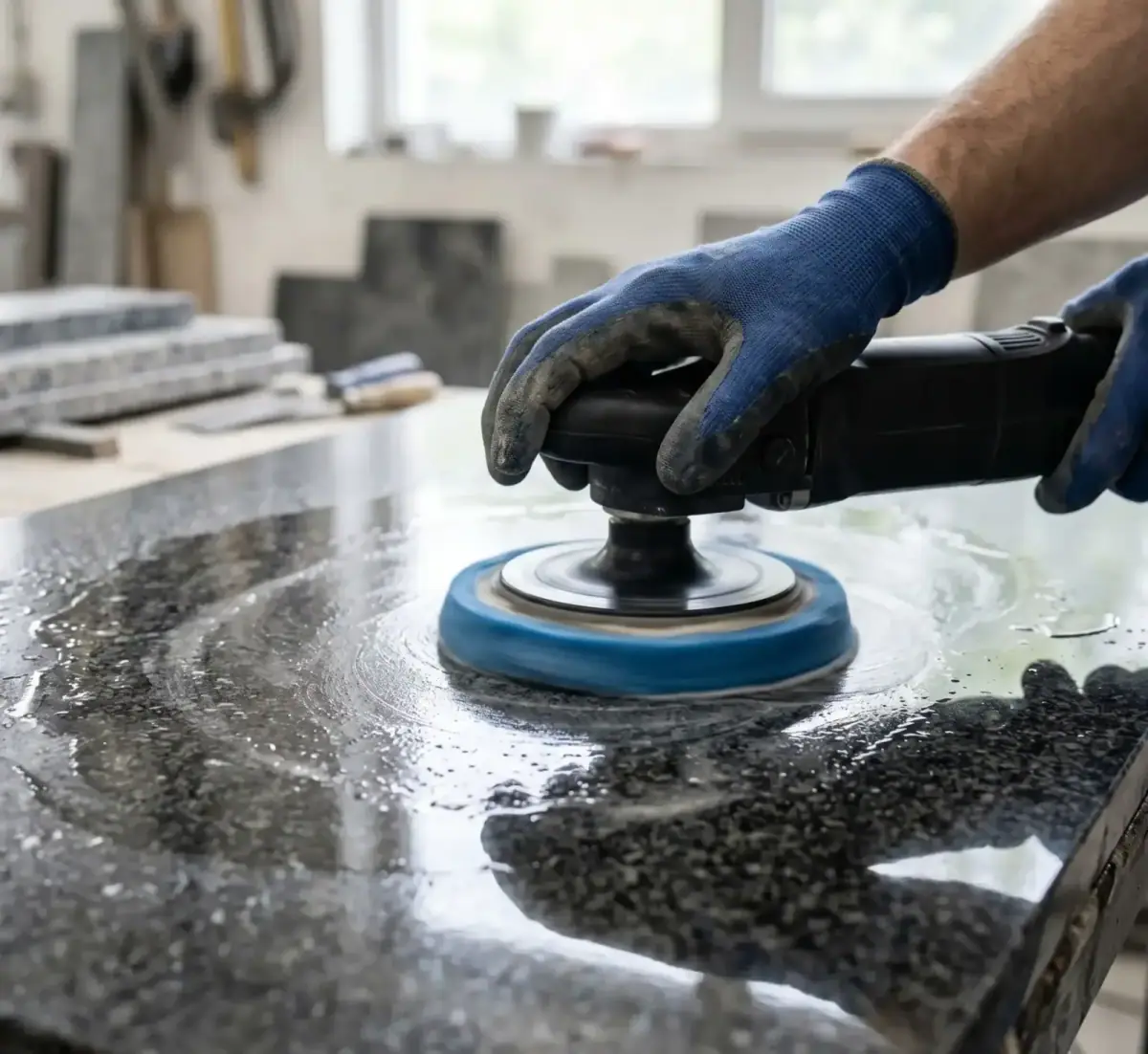 Hand mit Polierpad bearbeitet eine spiegelnde Granitoberfläche.