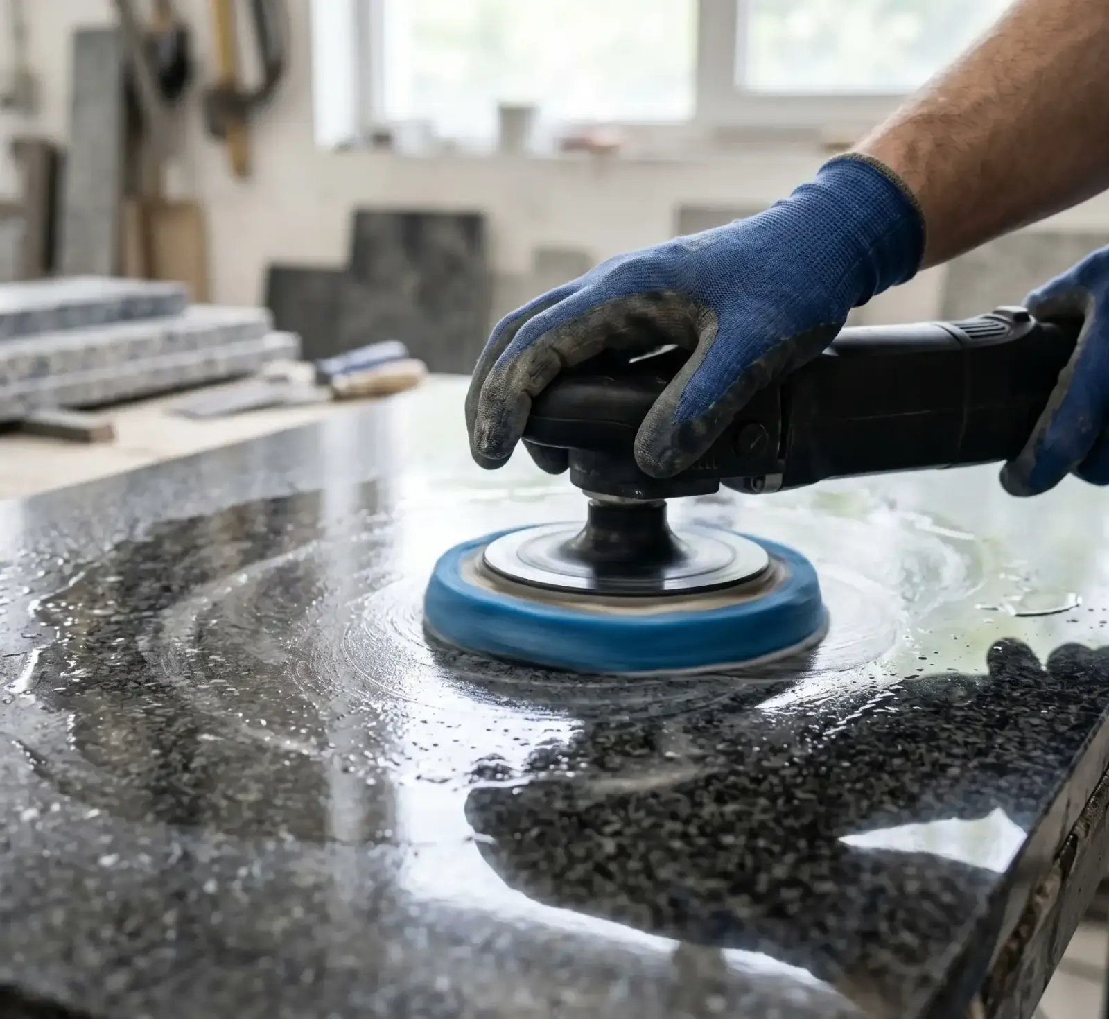 Hand mit Polierpad bearbeitet eine spiegelnde Granitoberfläche.