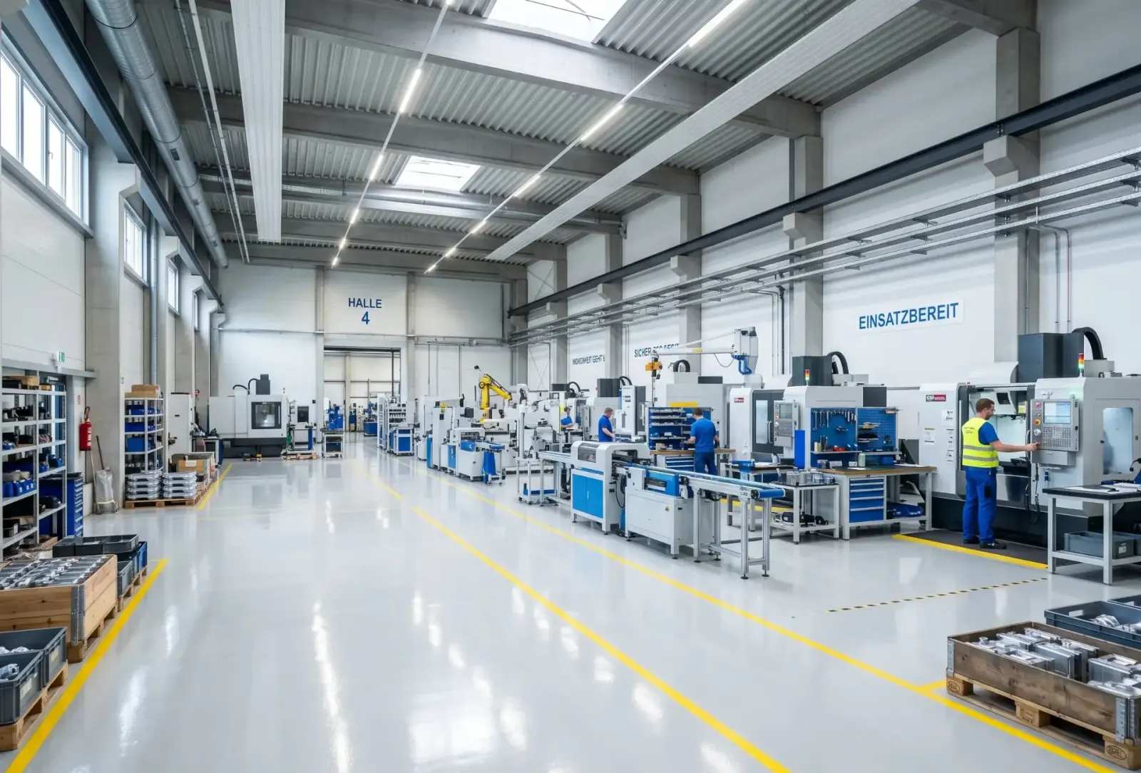 Helle, saubere Produktionshalle mit glänzendem Industrieboden, Maschinenreihen im Hintergrund, frisch gereinigt und einsatzbereit.