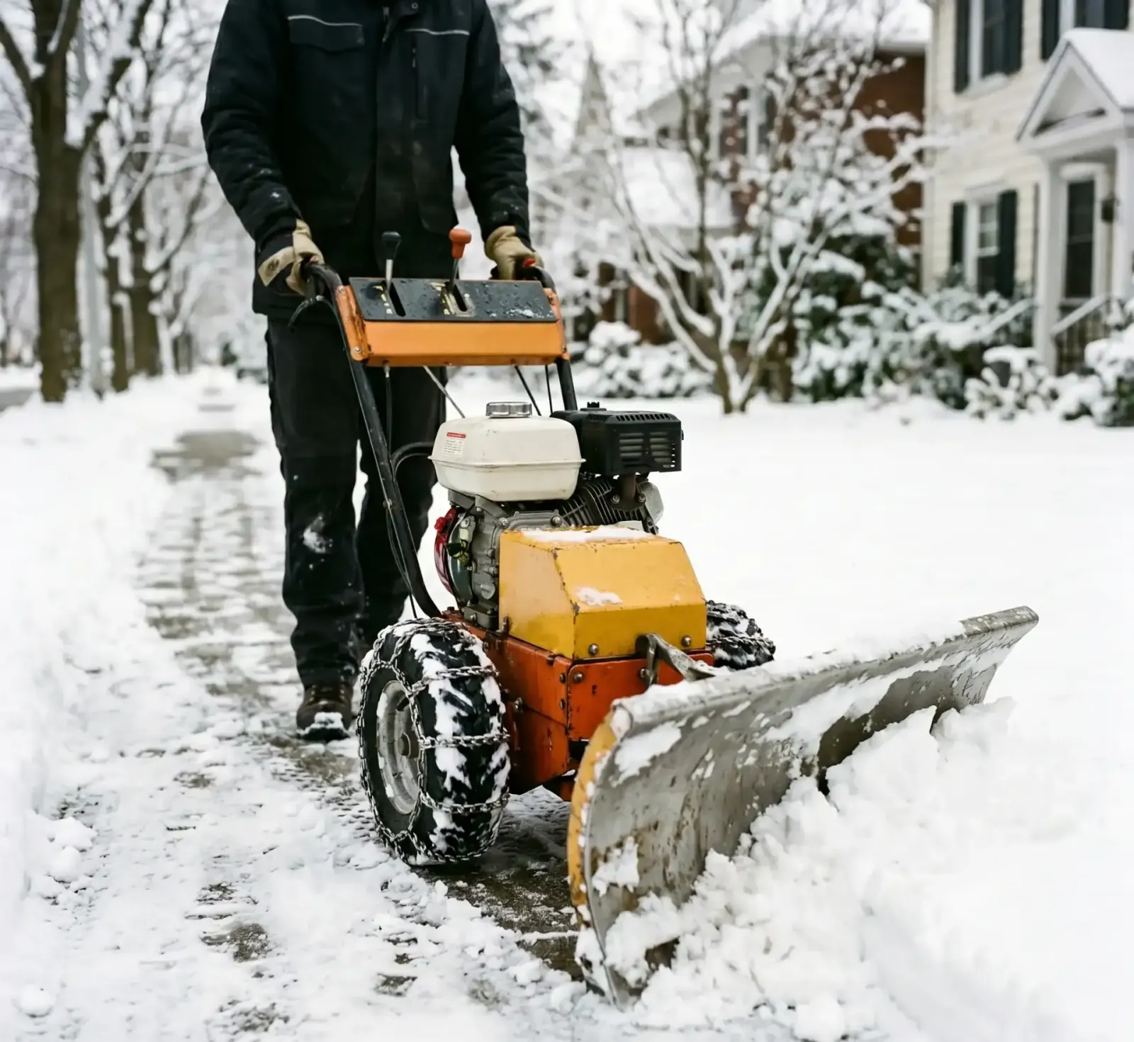 Profi-Räummaschine mit Schneeschild im Einsatz auf einer schneebedeckten Wohnanlagen-Zufahrt.