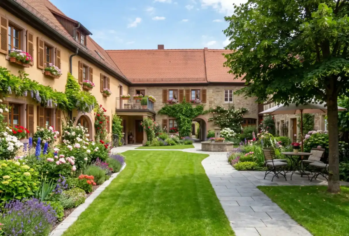 Gepflegter Innenhof mit kurzem grünen Rasen, blühenden Beeten und sauberen Pflasterwegen im Sommer.