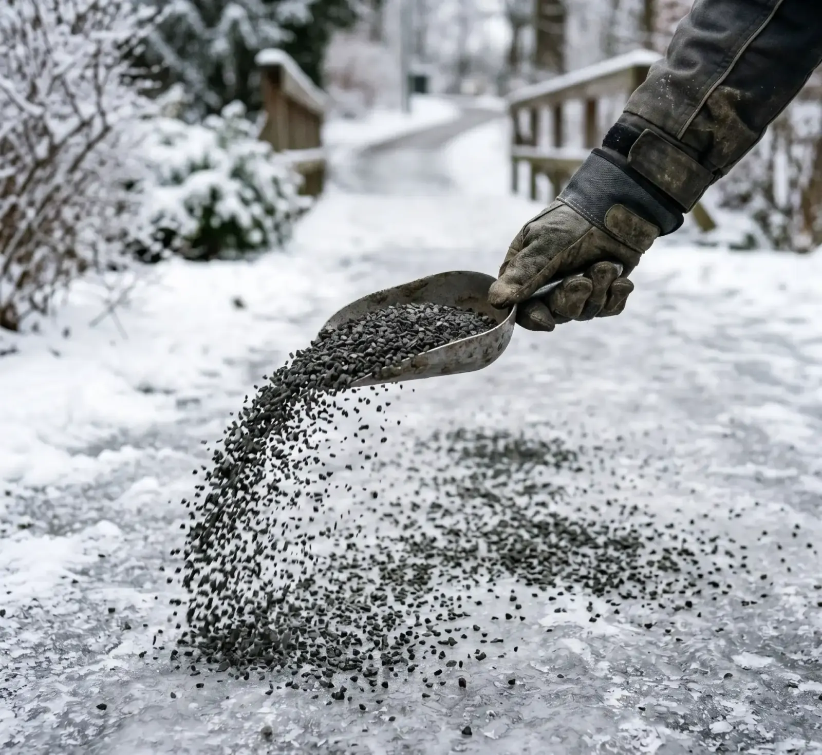 Hand mit Arbeitshandschuh streut Splittmaterial gleichmäßig auf einen vereisten Gehweg.