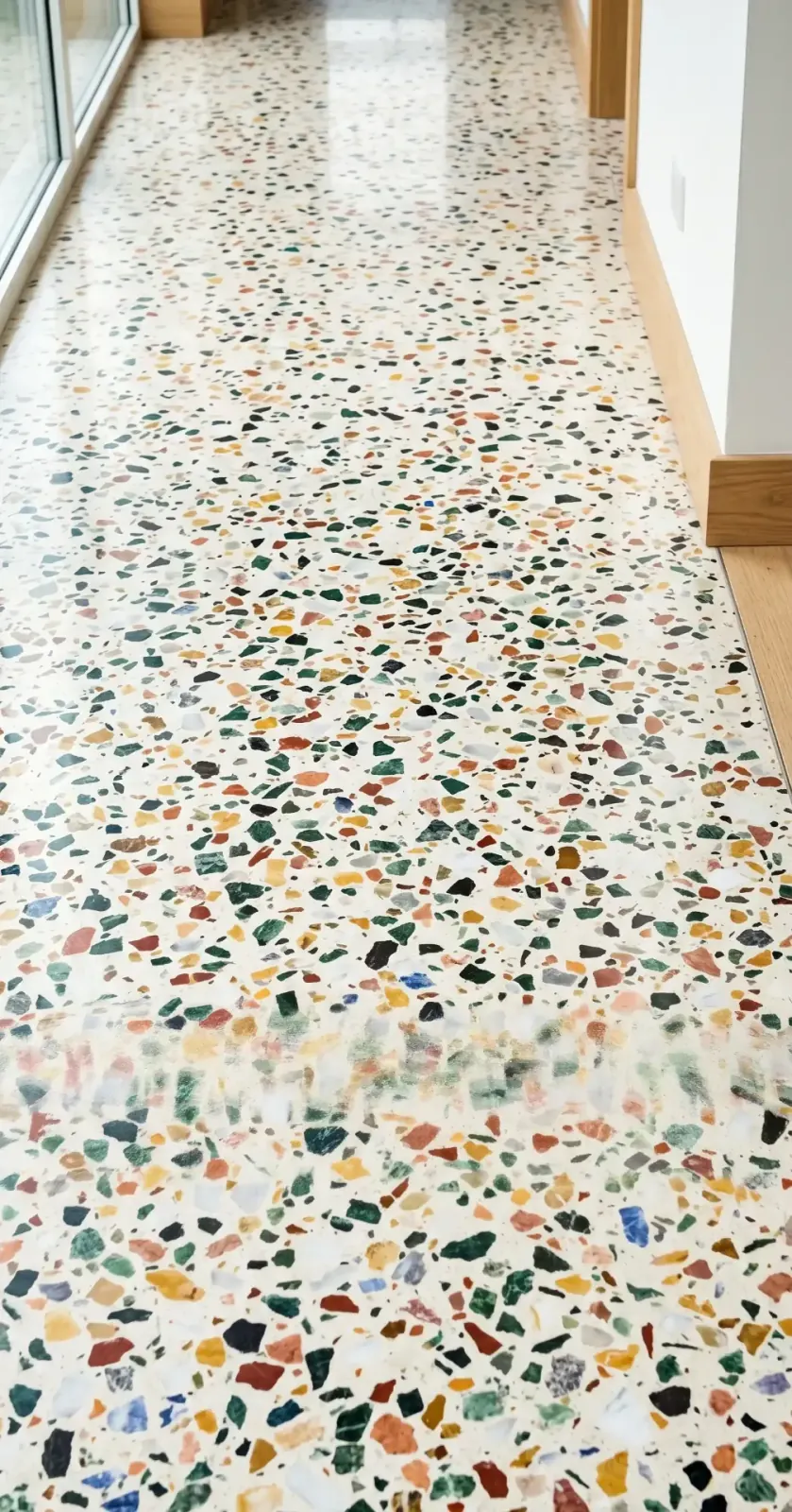 Heller Terrazzoboden mit farbigen Marmorbruchstücken, gleichmäßig poliert.