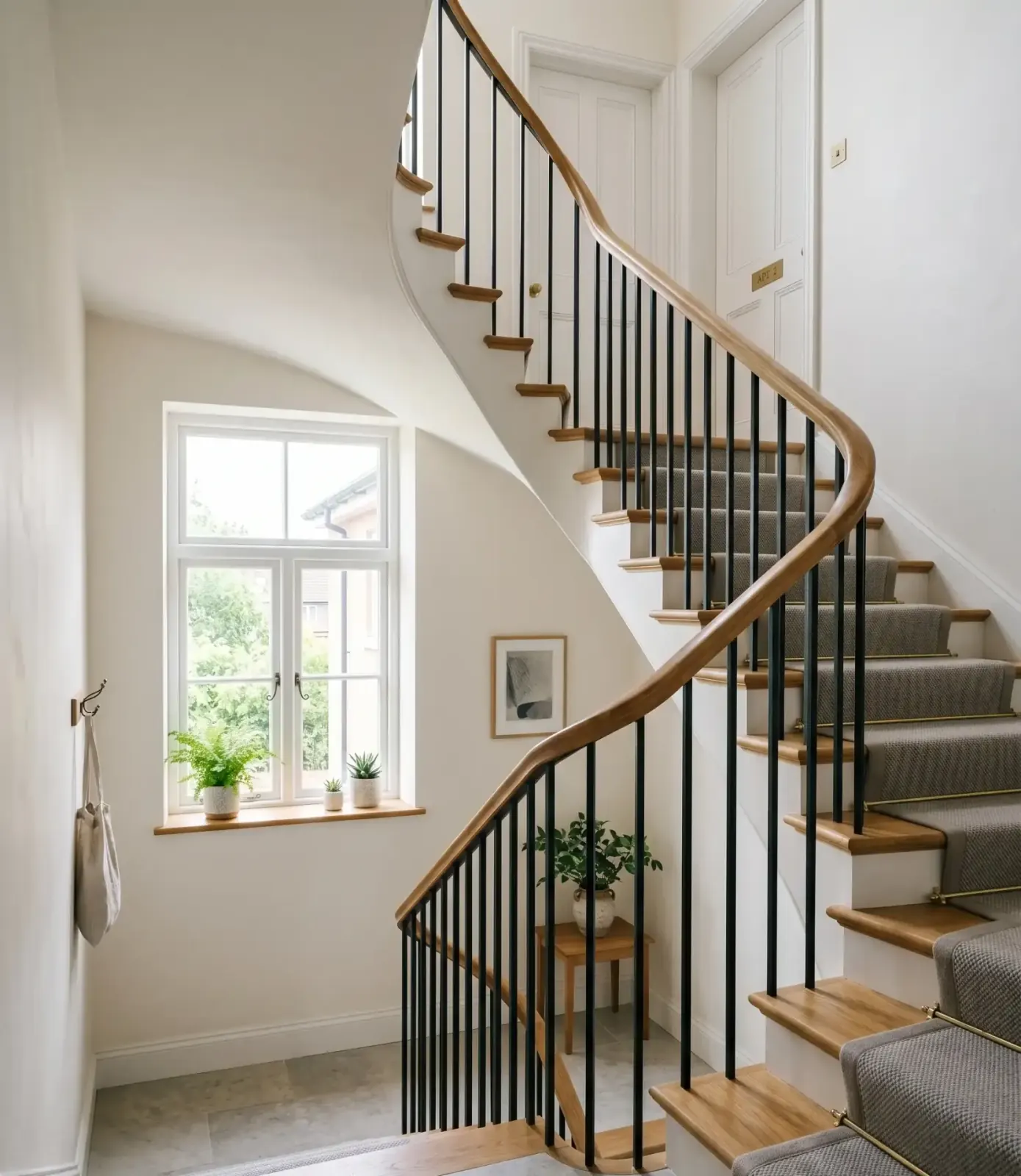 Helles, gepflegtes Treppenhaus mit Tageslicht und Pflanzen, Ergebnis kontinuierlicher Hausmeister-Betreuung.