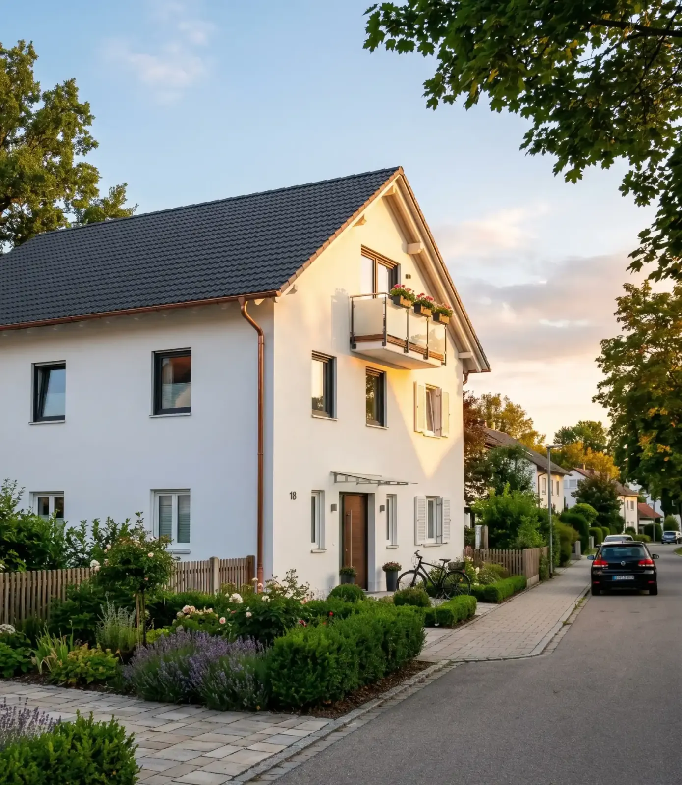 Frisch gereinigtes Einfamilienhaus mit heller Putzfassade in der Abendsonne, Fassadenreinigung Hennef